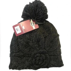 Angela & William Women's Beanie Earflap Cap Hat Sherpa Lining Black Pom. NWT